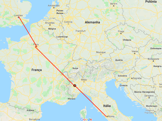 Mapa da viagem de trem de Londres a Roma Mapa da viagem de trem de Londres a Roma