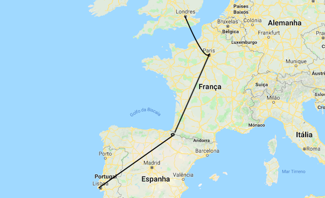 Mapa da viagem de trem de Londres a Lisboa Mapa da viagem de trem de Londres a Lisboa