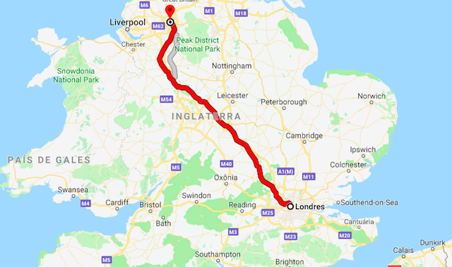 Mapa da viagem de trem de Londres a Manchester Mapa da viagem de trem de Londres a Manchester