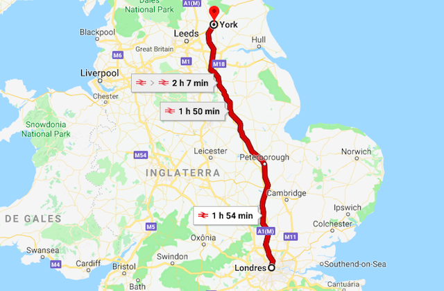 Mapa da viagem de trem de Londres a York Mapa da viagem de trem de Londres a York