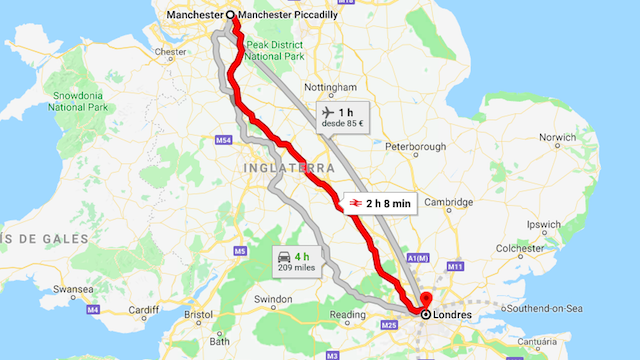 Mapa da viagem de trem de Manchester a Londres Mapa da viagem de trem de Manchester a Londres