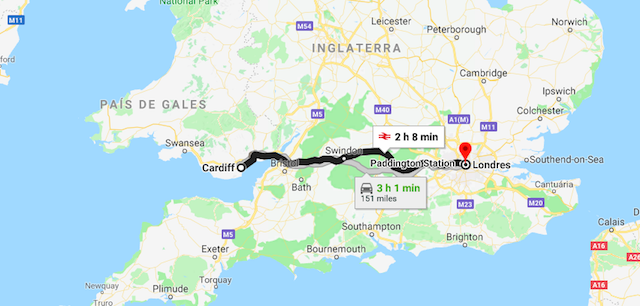 Mapa da viagem de trem de Cardiff a Londres Mapa da viagem de trem de Cardiff a Londres