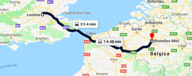 Mapa da viagem de trem de Londres a Bruxelas Mapa da viagem de trem de Londres a Bruxelas