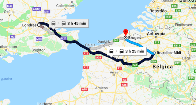 Mapa da viagem de trem de Londres a Bruges Mapa da viagem de trem de Londres a Bruges