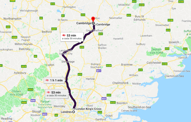 Mapa da viagem de trem de Londres a Cambridge Mapa da viagem de trem de Londres a Cambridge