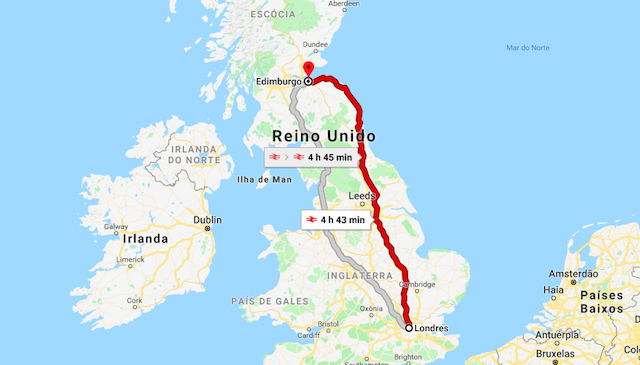 Mapa da viagem de trem de Londres a Edimburgo Mapa da viagem de trem de Londres a Edimburgo