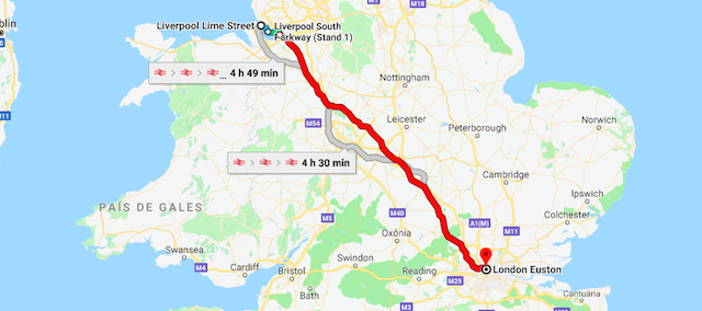 Mapa da viagem de trem de Liverpool a Londres Mapa da viagem de trem de Liverpool a Londres