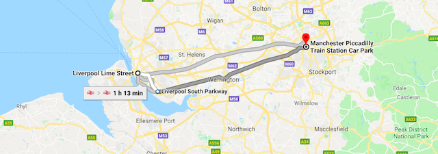 Mapa da viagem de trem de Liverpool a Manchester Mapa da viagem de trem de Liverpool a Manchester
