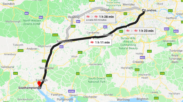 Mapa da viagem de trem de Londres a Southampton Mapa da viagem de trem de Londres a Southampton